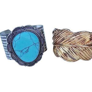 Goldtone Feather & Silvertone W/Faux Turquoise Metal Wide Cuff Bracelet Lot Of 2
